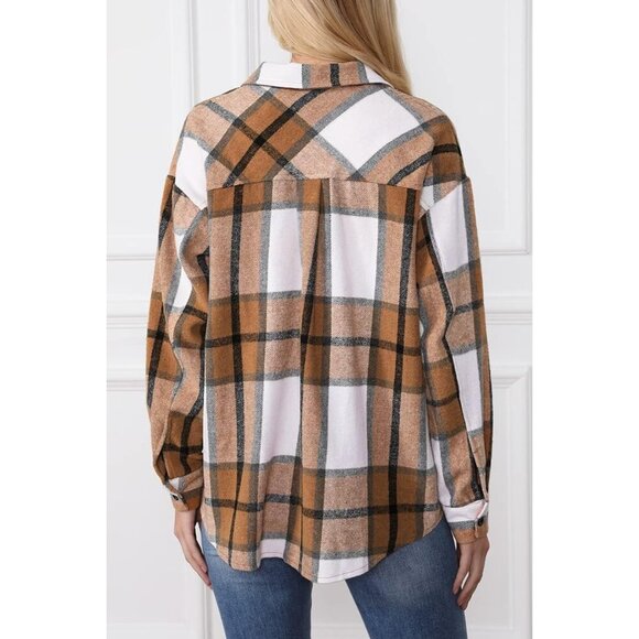 Womens Flannel Shacket Polyester Casual Jacket Plaid Long Sleeve - Picture 3 of 3